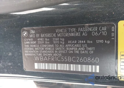 2011 BMW 528I из США, поврежденный, VIN WBAFR1C55BC260860